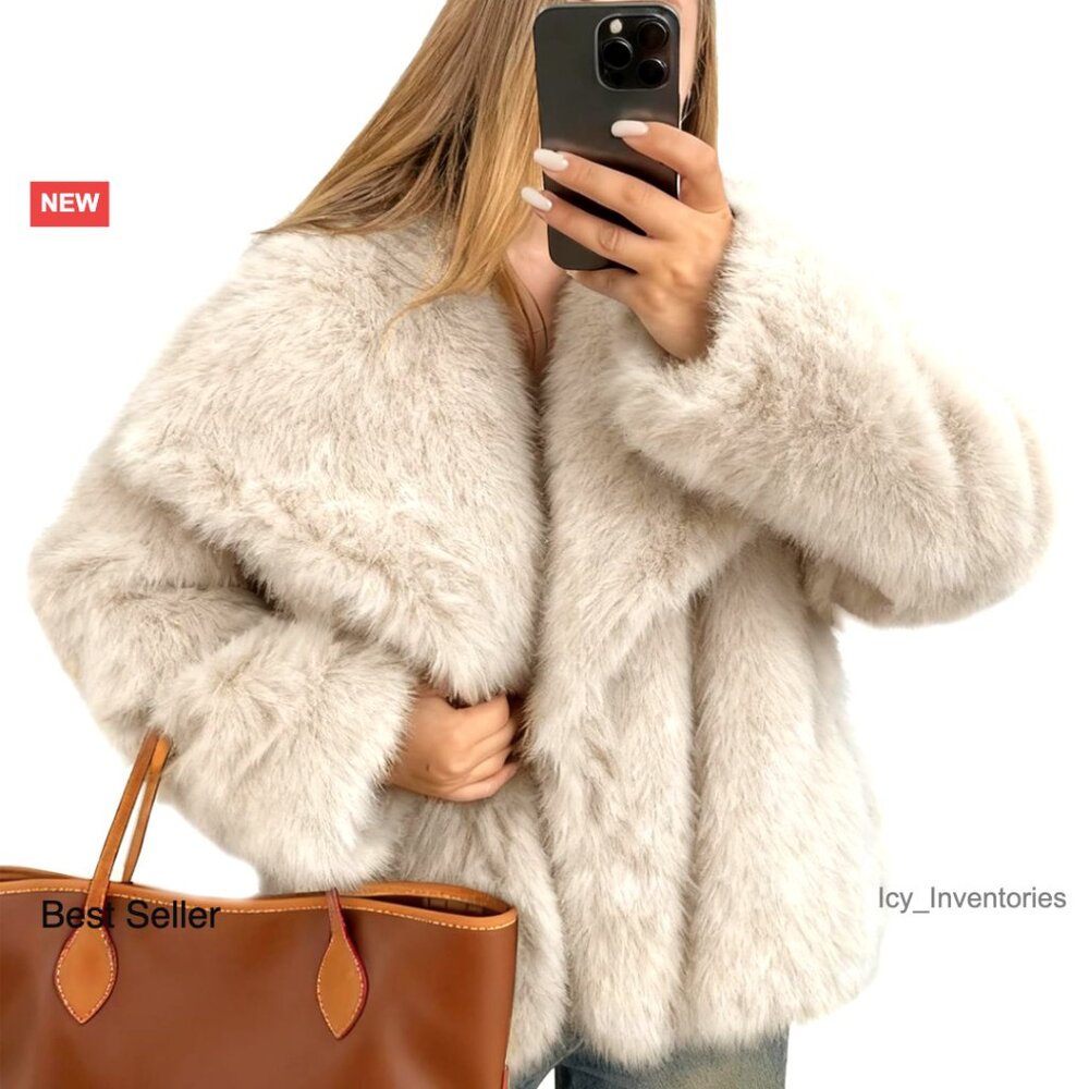 Cropped Faux Fur Coat Fluffy Open Front Long Sleeve Jacket With Pockets
